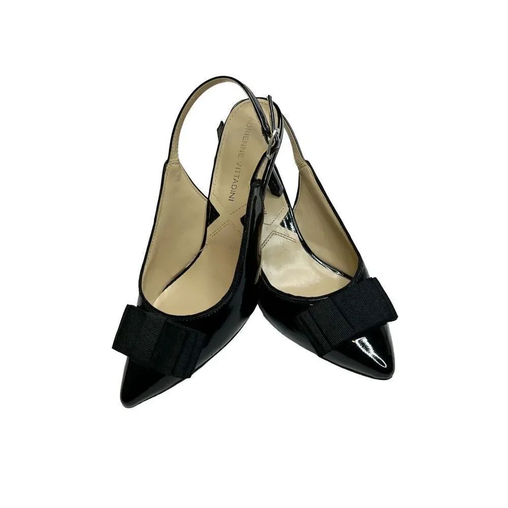 Adrienne Vittadini Shaniya black patent leather pointed toe sling back heels siz